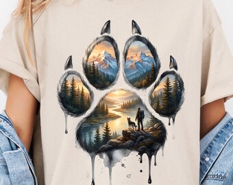 Zampa di cane PNG, sublimazione a doppia esposizione per cani da avventura all'aria aperta, design per maglietta per amanti degli animali e della natura