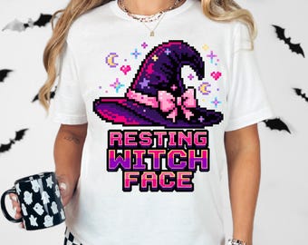 Resting Witch Face PNG, Halloween Pixel Art Witch Hat Sublimation, Spooky Season Shirt Design