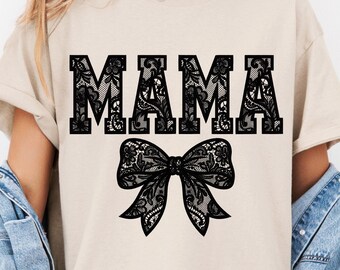 Immagine PNG di Lace Mama, fiocco in pizzo nero Coquette per sublimazione, design per maglietta da mamma, download per la festa della mamma