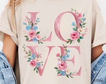 Amore PNG, sublimazione floreale rosa per San Valentino, design romantico per maglietta, clipart per matrimonio PNG, digitale