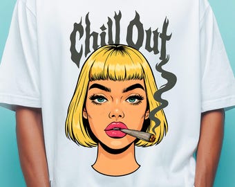 Immagine PNG di cannabis, stampa a sublimazione "Chill Out Marijuana", design per maglietta "Stoner Girl" in stile pop art, download digitale