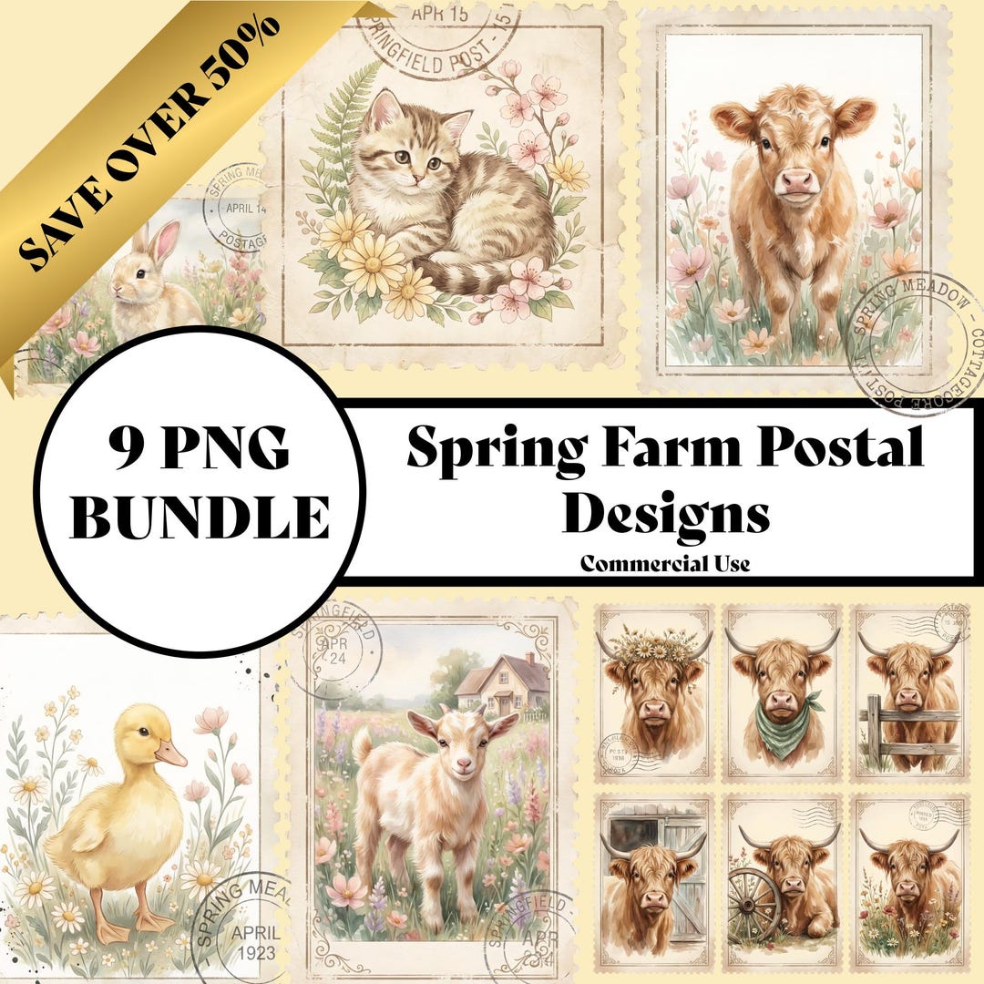 Postal Spring Vintage Cottagecore Spring Farm Animal PNG Bundle, Spring Postal Stamp ...