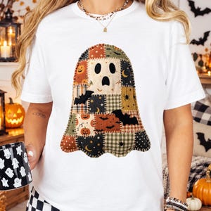 Patchworkowy duch PNG, projekt koszulki z duchem na Halloween, pikowana sublimacja w upiornym sezonie, pobieranie cyfrowe