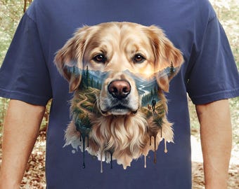 Immagine PNG di un Golden Retriever, stampa a sublimazione per amanti dei cani, design per maglietta con Labrador a doppia esposizione, download di paesaggi naturali