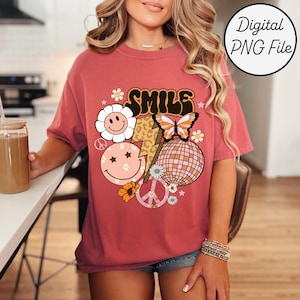 Retro Sublimation Design, PNG Clipart with Smiley Face, Butterfly & Disco Ball, Digital Download Groovy Graphic