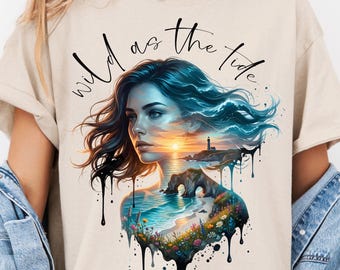 Immagine PNG costiera, sublimazione a doppia esposizione con donna dell'oceano, design per maglietta estiva da spiaggia, download digitale