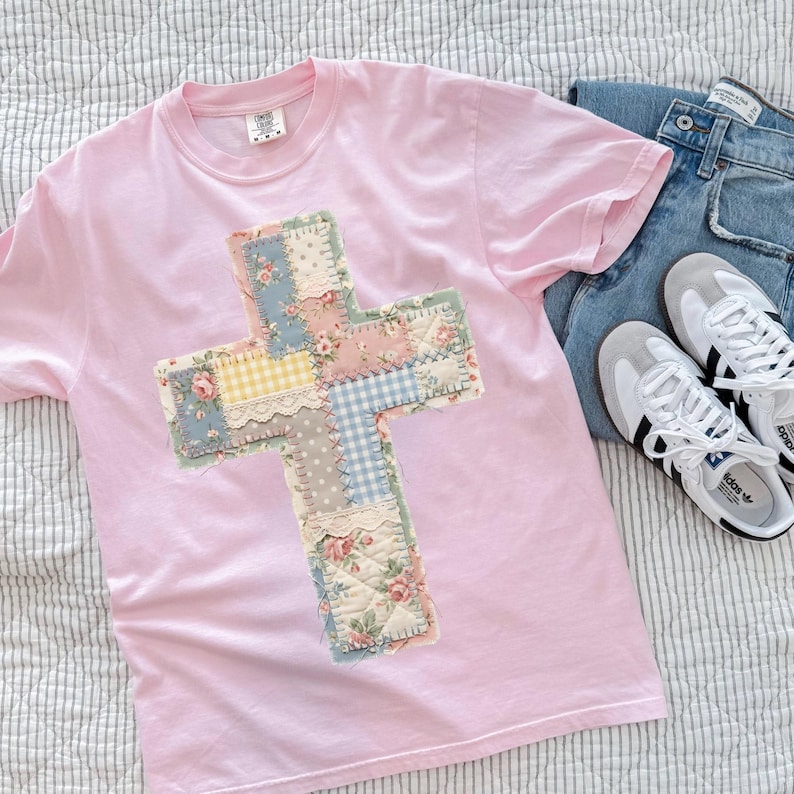 Christliches Kreuz Faux Patchwork PNG, trendiges gestepptes Sublimationsdesign, Grandmacore digitaler Download Bild 7
