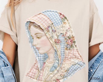 Patchwork Mutter Mary PNG, gesteppte katholische Jungfrau Maria Sublimation, religiöses christliches Hemd Design