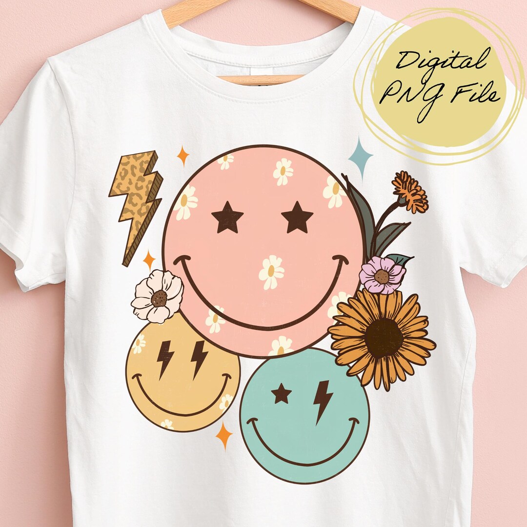 Retro Smiley Faces PNG, Boho Floral Lightning Bolt Sublimation Design ...