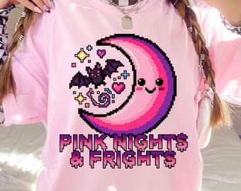 Pink Halloween PNG, Retro Gamer Pixel Art Moon Shirt Design, Kawaii Halloween Sublimation, Digital Download
