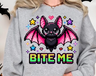 Halloween Bat PNG, Bite Me Shirt Design, Kawaii Pixel Art Halloween Sublimation, Digital Download