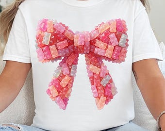 PNG di un fiocco a forma di orsetto gommoso alla moda, design per maglietta a sublimazione con caramelle gommose rosa Y2K, download Coquette