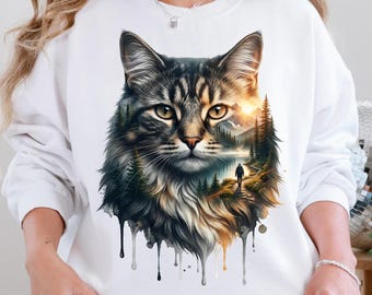 Gatto tigrato PNG, sublimazione a doppia esposizione per gatto della foresta, design digitale per amanti degli animali e delle avventure all'aria aperta