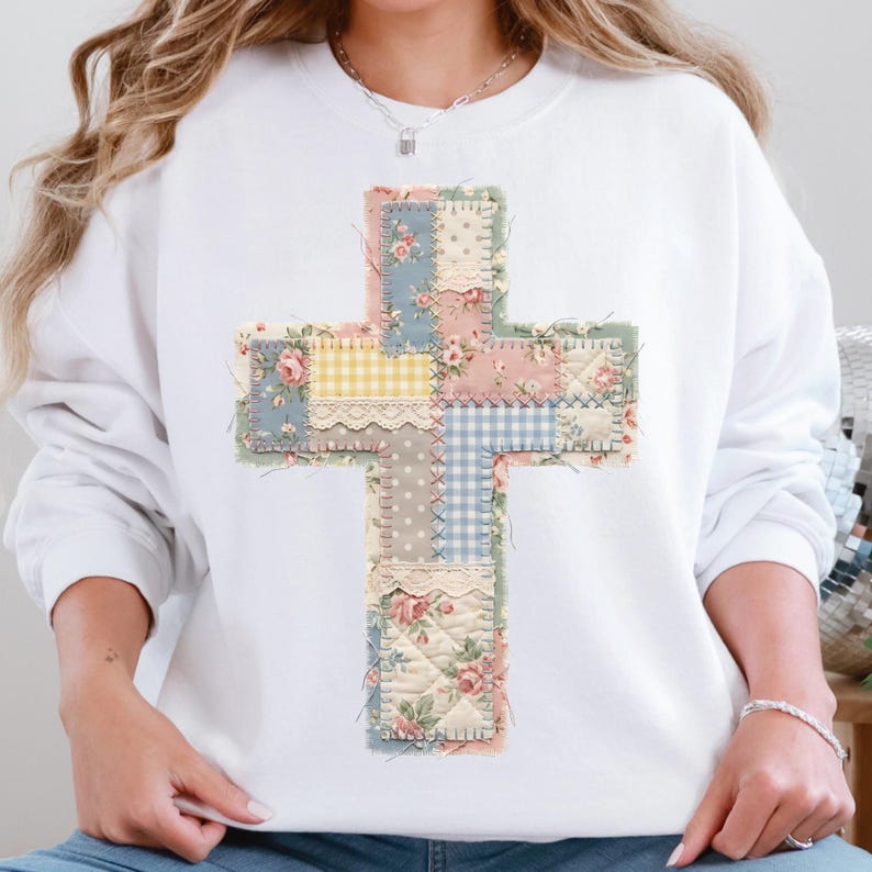 Patchwork Christian cross PNG with pastel floral fabrics, gingham patterns, lace accents, and stitched embroidery details, quilted cottagecore faith design for Easter décor, religious gifts, t shirts, tote bags, wall art, and POD products.