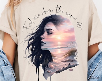 Donna al tramonto sull'oceano PNG, doppia esposizione, amante della spiaggia costiera, sublimazione, design digitale per maglietta estiva