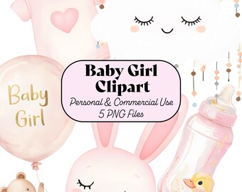 Pacchetto di clipart PNG per bambina, disegni per cameretta in acquerello rosa, invito per baby shower (download digitale)
