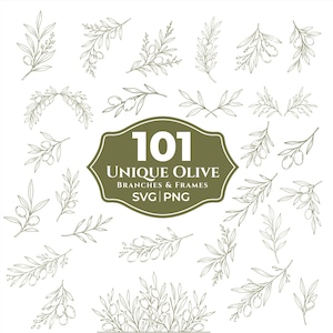 Może przedstawiać: Kolekcja ilustracji gałązek oliwnych i ramek w stylu zielonej grafiki liniowej. Centralny emblemat zawiera tekst 101 UNIQUE OLIVE BRANCHES & FRAMES SVG | PNG. Otaczająca grafika przedstawia różne gałązki oliwne i listowie.