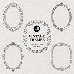 Antika vintage bröllopsramar Clipart SVG, viktorianska franska barocka ramar PNG | Retro blommig linjekonstram | Vintage antika ramar set