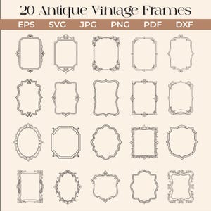 Puede incluir: Imagen que presenta veinte marcos antiguos vintage de diversas formas y estilos. Los marcos están delineados en negro sobre un fondo beige. El texto "20 Antique Vintage Frames" está en la parte superior, con opciones de tipo de archivo debajo.