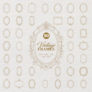 Puede incluir: Una colección de 50 marcos vintage dorados de diversas formas, incluyendo ovalados, rectangulares y circulares. Los marcos están dispuestos sobre un fondo texturizado blanco roto. El marco central presenta el texto "Vintage Frames".