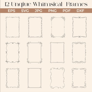 May include: Twelve unique whimsical frames in various styles. Each frame is a rectangle with decorative black line art borders. File formats include EPS, SVG, JPG, PNG, PDF, and DXF. The frames are ideal for digital art projects.