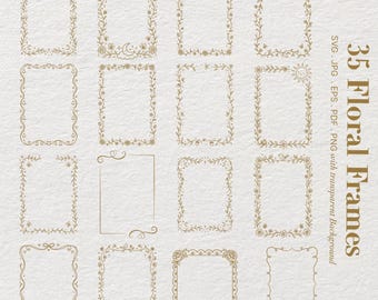 May include: A collection of 35 floral frames in various designs. The frames are in a light brown color and feature delicate floral and leaf patterns. The text "35 Floral Frames" is displayed vertically on the right side of the image.