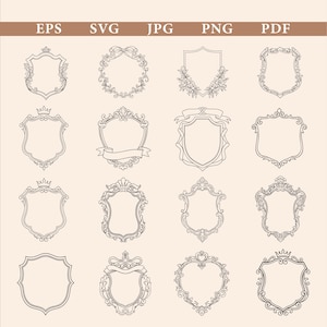 May include: Sixteen detailed, vintage-style shield and frame designs in black line art. Each design includes intricate elements such as crowns, floral patterns, and ribbons, set against a beige backdrop. The top of the image shows file type labels: EPS, SVG, JPG, PNG, and PDF.