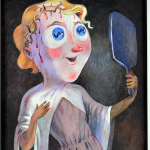 May include: A painting of a woman with a crown of thorns and large blue eyes looking at a mirror. She is wearing a long, flowing robe and has a faint smile on her face.
