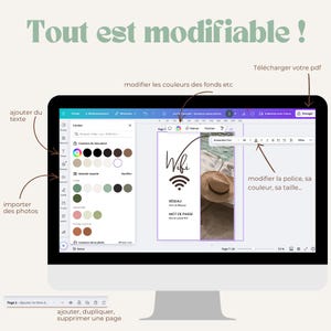 May include: A computer screen displaying a design program with a page showing a wifi sign with the text "Wifi", "R&eacute;seau", and "Mot de Passe". The page is set against a background image of a pool and a hat. The design program has a color palette and text editing tools.