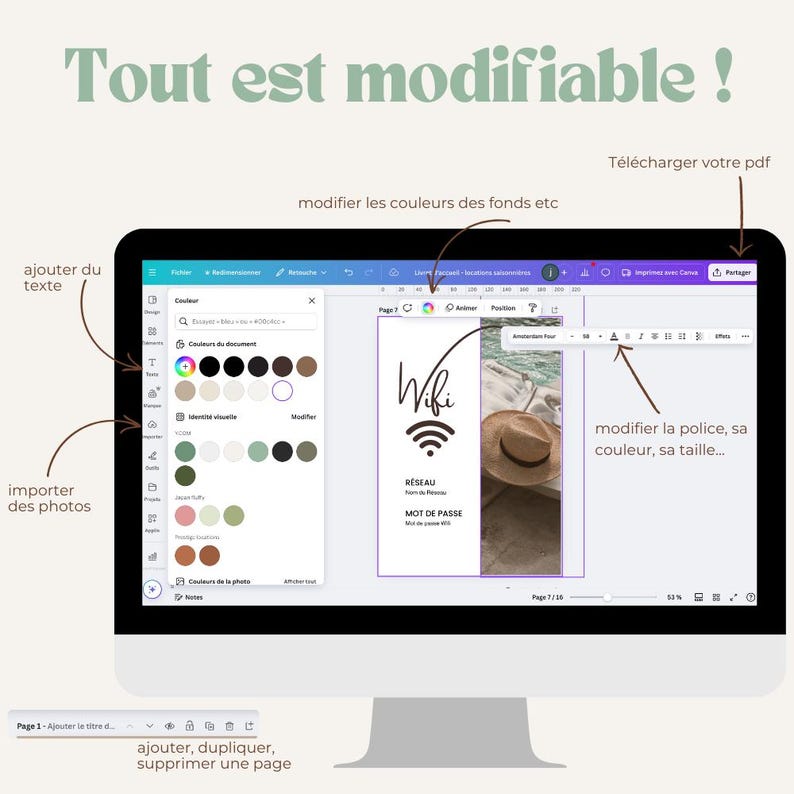 May include: A computer screen displaying a design program with a page showing a wifi sign with the text "Wifi", "R&eacute;seau", and "Mot de Passe". The page is set against a background image of a pool and a hat. The design program has a color palette and text editing tools.