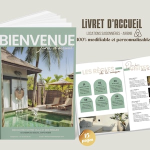 May include: A green and white welcome booklet for vacation rentals. The cover features a photo of a tropical villa with a pool. The booklet includes a section titled "Les R&egrave;gles de la maison" and a section titled "Que faire, Visitez la r&eacute;gion".