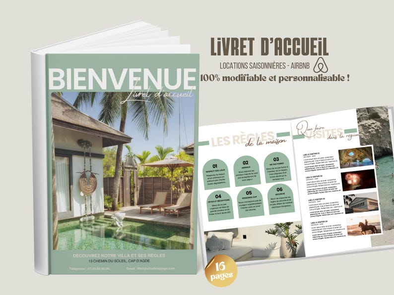 May include: A green and white welcome booklet for vacation rentals. The cover features a photo of a tropical villa with a pool. The booklet includes a section titled "Les R&egrave;gles de la maison" and a section titled "Que faire, Visitez la r&eacute;gion".