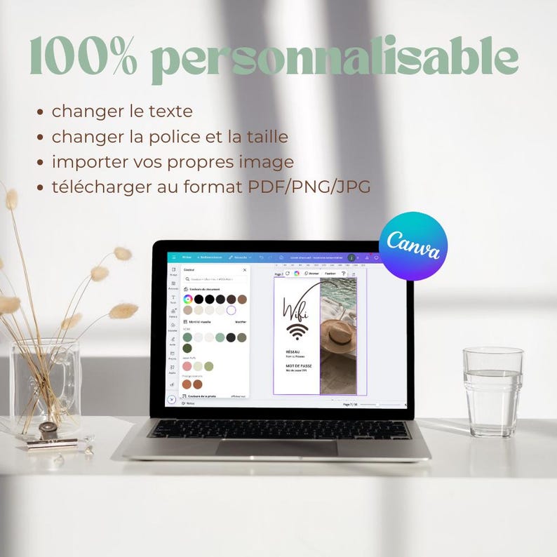 May include: A laptop computer screen displaying a Canva design template for a wifi sign. The design features a brown hat, a wifi symbol, and the text "Wifi" in a handwritten font. The screen also shows a color palette and other design elements.