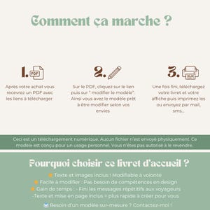 May include: A green and brown graphic with the text "Comment &ccedil;a marche?" and three numbered steps for how to use a digital product. The steps include downloading a PDF, clicking a link to modify the template, and then downloading and printing the finished product. The text below the steps says "Ceci est un t&eacute;l&eacute;chargement num&eacute;rique. Aucun fichier n'est envoy&eacute; physiquement. Ce mod&egrave;le est con&ccedil;u pour un usage personnel. Vous n'&ecirc;tes pas autoris&eacute; &agrave; le revendre."