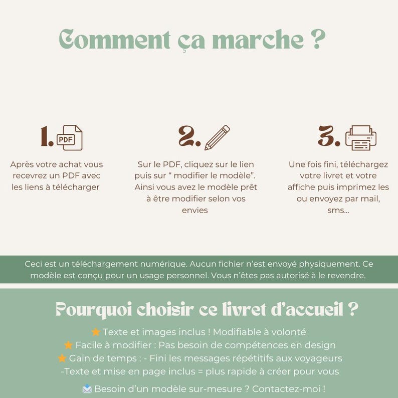 May include: A green and brown graphic with the text "Comment &ccedil;a marche?" and three numbered steps for how to use a digital product. The steps include downloading a PDF, clicking a link to modify the template, and then downloading and printing the finished product. The text below the steps says "Ceci est un t&eacute;l&eacute;chargement num&eacute;rique. Aucun fichier n'est envoy&eacute; physiquement. Ce mod&egrave;le est con&ccedil;u pour un usage personnel. Vous n'&ecirc;tes pas autoris&eacute; &agrave; le revendre."