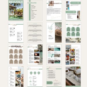 May include: A guidebook for a vacation rental with a green and brown color scheme. The guidebook includes sections for welcome, information, rules, things to do, emergencies, and departure. The guidebook also includes images of the rental property and the surrounding area.
