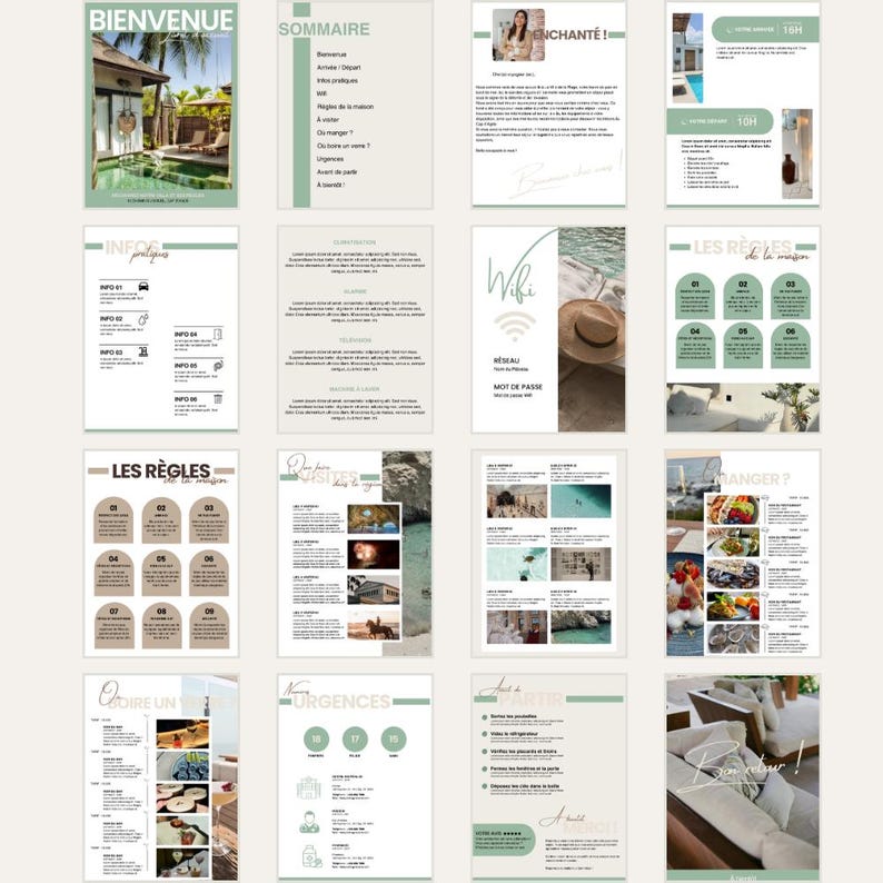 May include: A guidebook for a vacation rental with a green and brown color scheme. The guidebook includes sections for welcome, information, rules, things to do, emergencies, and departure. The guidebook also includes images of the rental property and the surrounding area.
