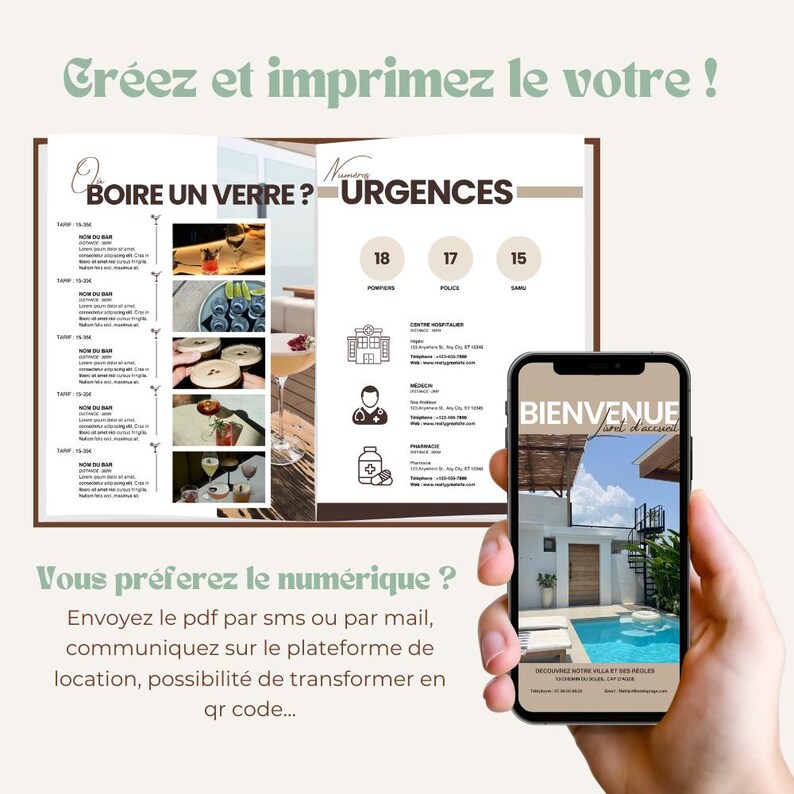 May include: A brochure with a blue and white design featuring a welcome message in French, "Bienvenue", and a picture of a swimming pool. The brochure also includes a section titled "Urgences" with emergency contact information.