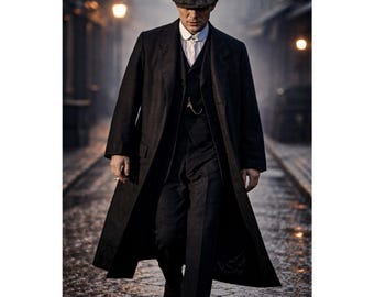 Schwarzer langer Trenchcoat für Herren | Thomas Shelby inspirierter Mantel