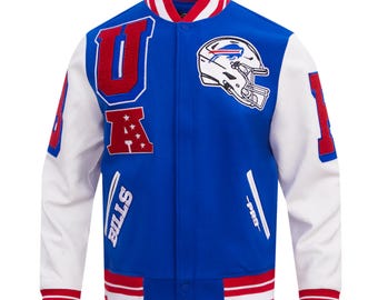 Handgemachte büffelblaue Varsity Jacke | Retro Bills Baseballjacke