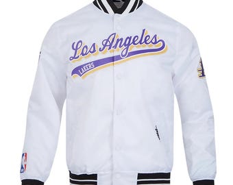 Weiße Herren Satin Lakers Varsity Jacke | die Baseballjacke