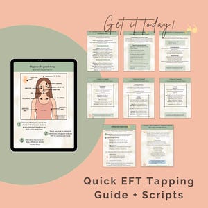 Puede incluir: Una guía digital con ilustraciones y texto que explica las técnicas de tapping EFT. La guía incluye un diagrama de los puntos de tapping en el cuerpo, una sección sobre la identificación de los desencadenantes emocionales y una sección sobre cómo usar EFT para reducir el estrés. El texto incluye las frases "¡Consíguelo hoy!" y "Guía rápida de tapping EFT + guiones".