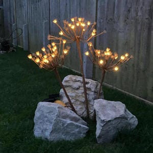 Rustic outdoor LED fireworks garden lights – Decorative metal flower stake lighting for yard & landscape spaces.