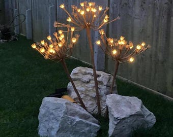 Rustic outdoor LED fireworks garden lights – Decorative metal flower stake lighting for yard & landscape spaces.