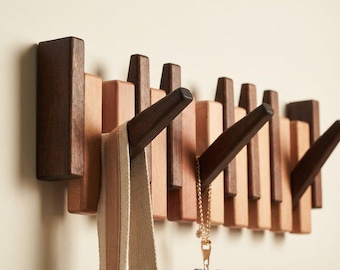 Walnut & Beech Wood Magnetic Piano Coat Rack – Space Saving Wall Hook Organizer for Coats, Hats, Towels | Rustic Home Decor.