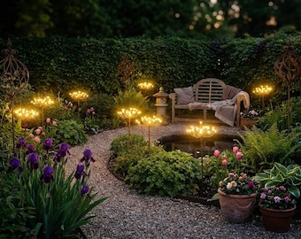 Rustic outdoor LED fireworks garden lights – Decorative metal flower stake lighting for yard & landscape spaces.