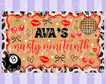 Nasty Nineteenth Birthday Banner Mockup | Editable Leopard Print Party Backdrop | Red & Black 19th Birthday Digital Template for Canva