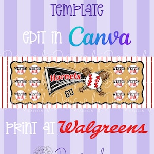 May include: A digital banner template with a baseball theme. The design features the text "Editable Canva Banner Template" and "Edit in Canva." The banner includes baseball bats, a baseball, and the word "Hornets."