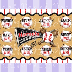 May include: A baseball-themed design featuring baseballs with player names and numbers. The design includes a banner that reads "Hornets" and crossed baseball bats. The background has a striped pattern with red and white lines.