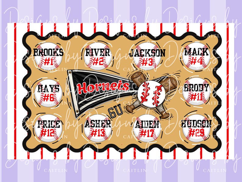 May include: A baseball-themed design featuring baseballs with player names and numbers. The design includes a banner that reads "Hornets" and crossed baseball bats. The background has a striped pattern with red and white lines.